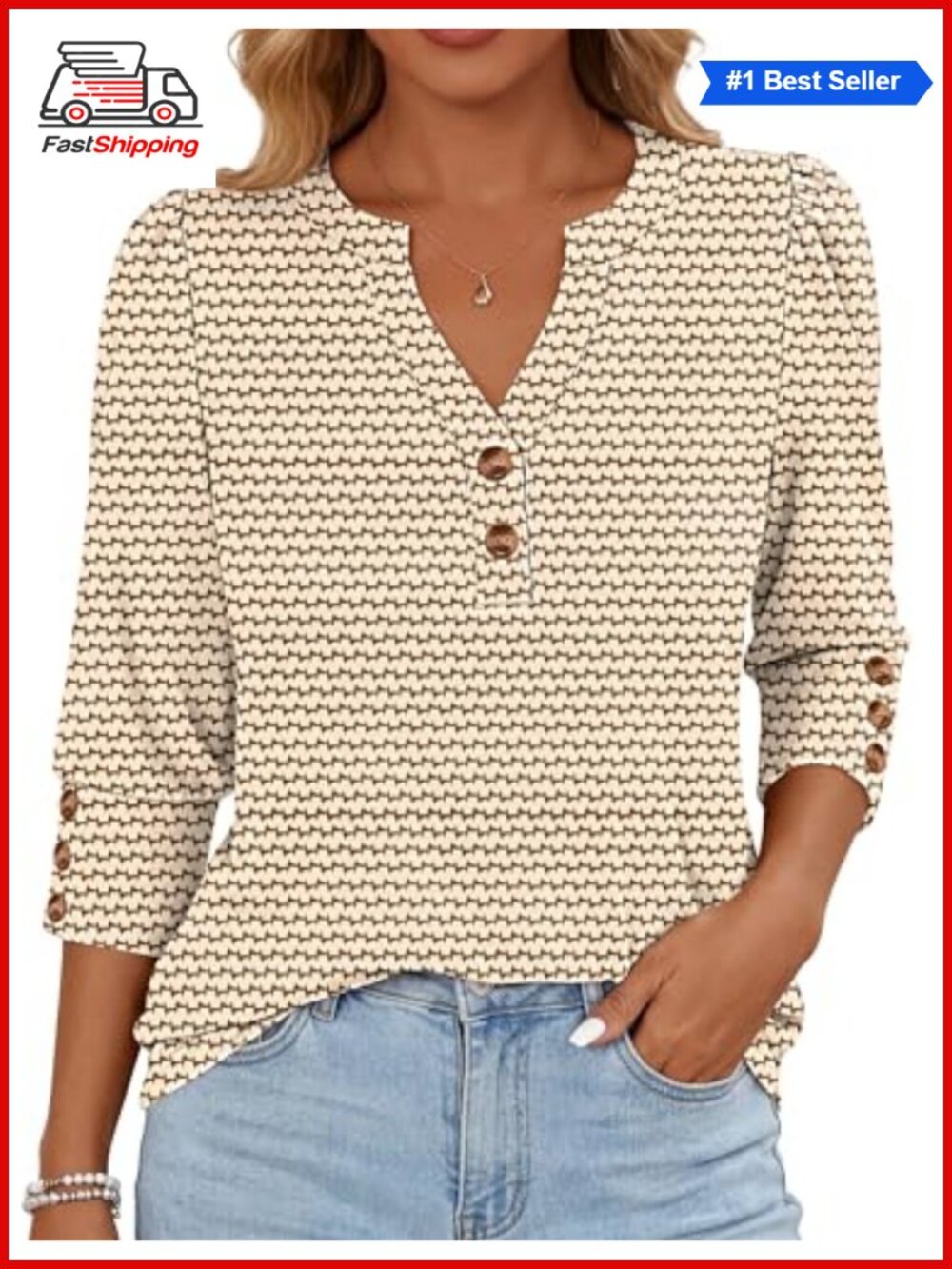 Women's 3/4 Sleeve Henley Blouse Tunic Top Business Casual